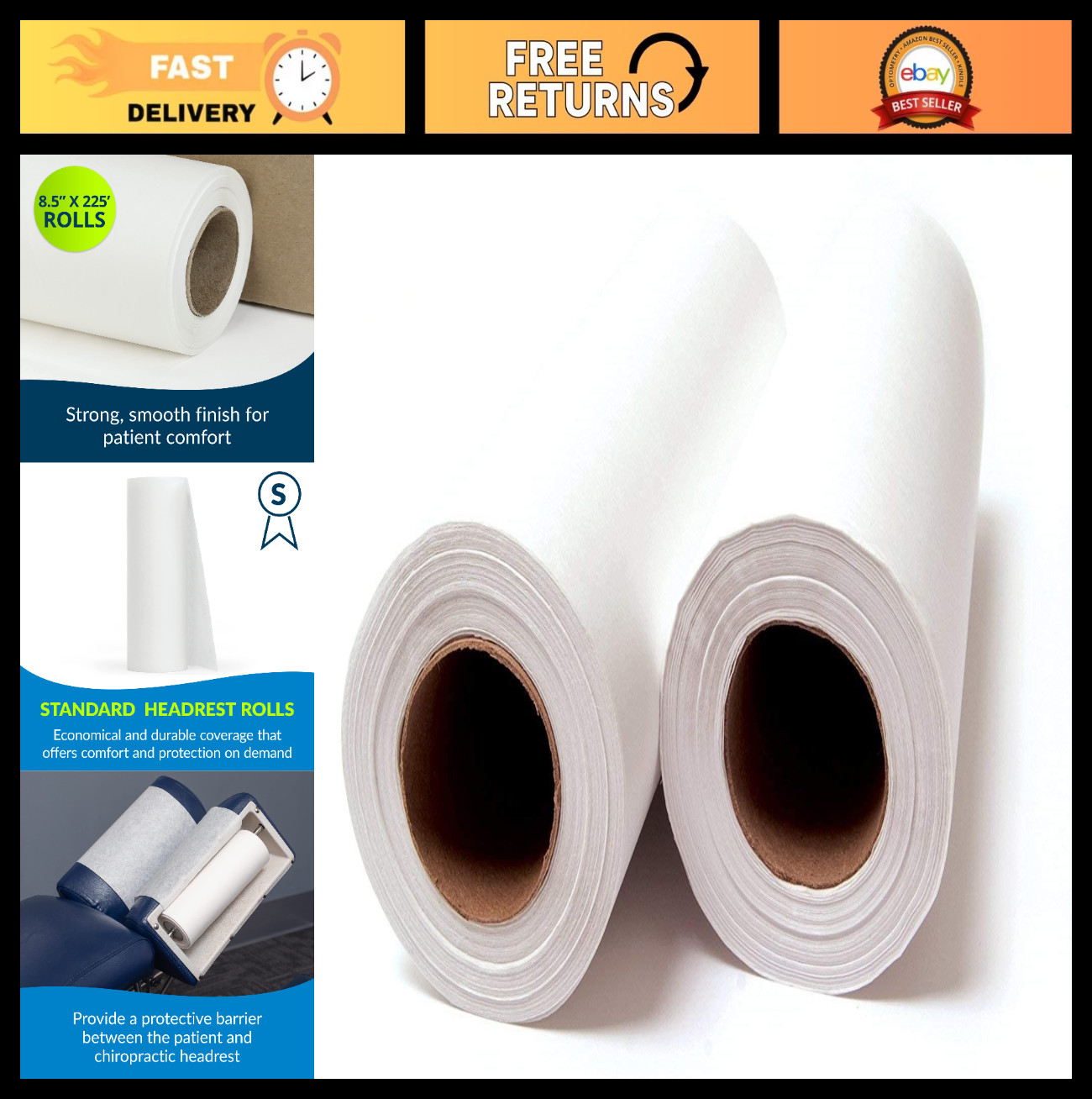 Single-Use Chiropractic Headrest Paper Roll, 8.5″ x 225′, Pack of 25 – Hygienic
