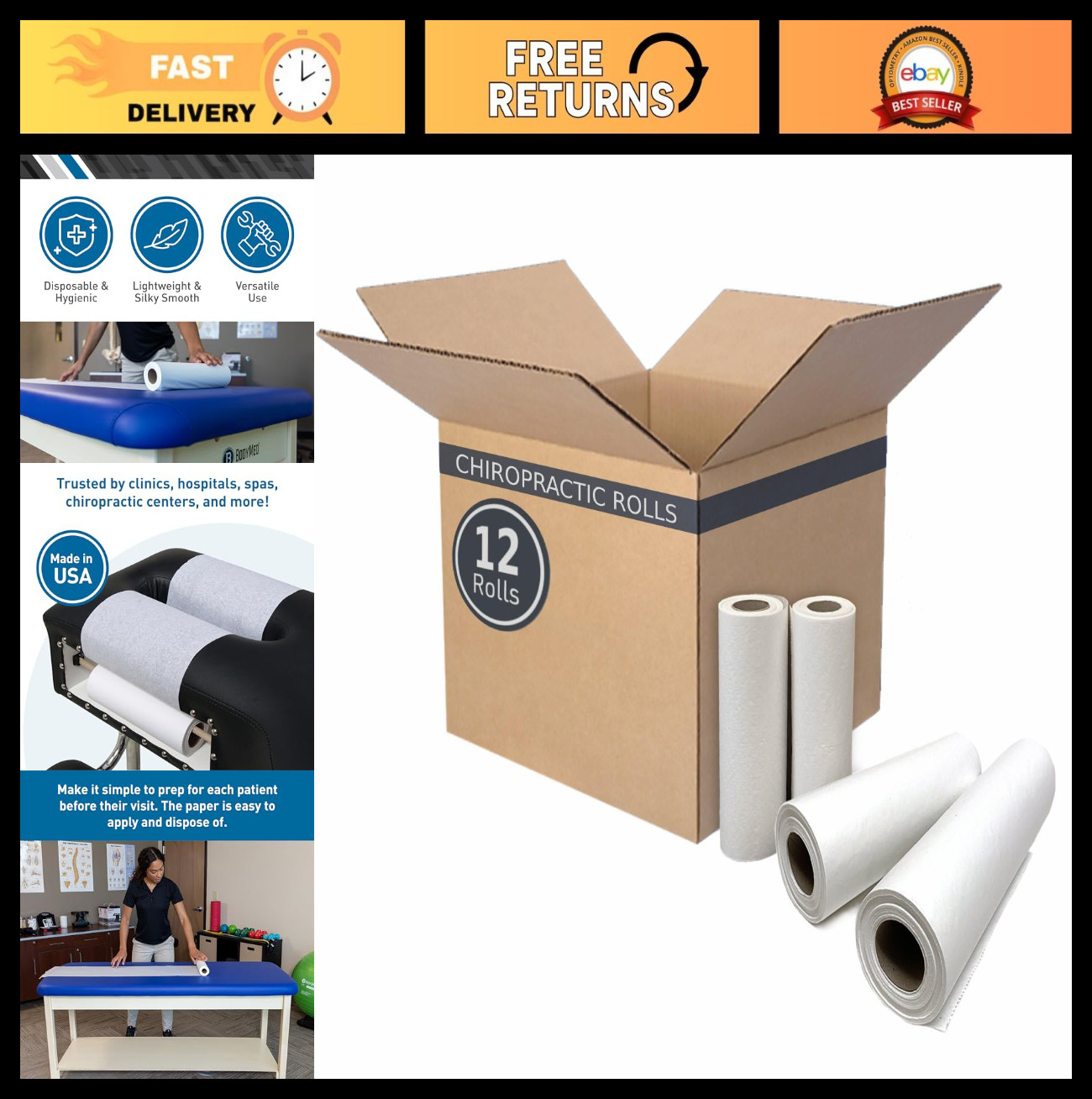 Premium Headrest Paper Rolls – 12″ x 225′ – 12 Disposable Rolls for Chiropractic